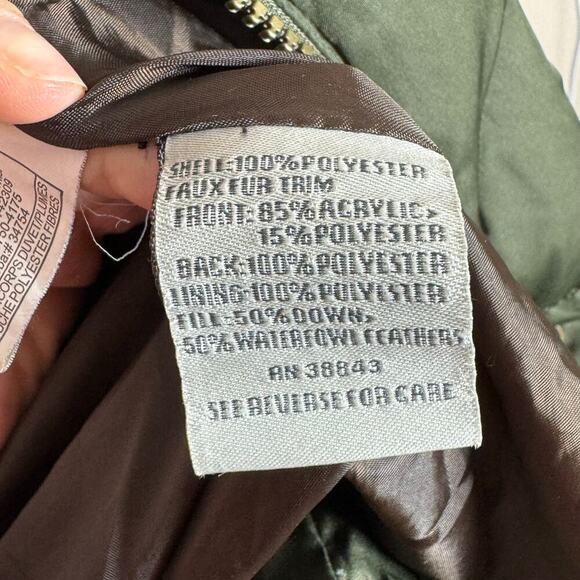 Larry Levine Down Puffer Mid Length Coat Removable Hood Fur Trim Olive Green S - Picture 9 of 10